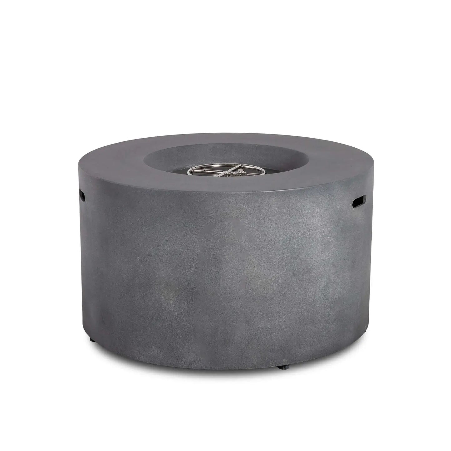 Rear view of the Flame Havens Refuge Series 43-inch Round Propane Gas GFRC Concrete Fire Pit in Gray with the stainless steel burner and CSA-certified ignition system visible from above. This angle showcases the seamless curved GFRC concrete body and clean exterior design without the hidden propane access door or control panel.
