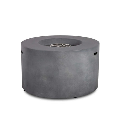 Rear view of the Flame Havens Refuge Series 43-inch Round Propane Gas GFRC Concrete Fire Pit in Gray with the stainless steel burner and CSA-certified ignition system visible from above. This angle showcases the seamless curved GFRC concrete body and clean exterior design without the hidden propane access door or control panel.