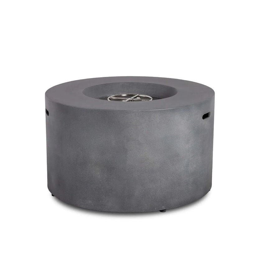 Rear view of the Flame Havens Refuge Series 43-inch Round Propane Gas GFRC Concrete Fire Pit in Gray with the stainless steel burner and CSA-certified ignition system visible from above. This angle showcases the seamless curved GFRC concrete body and clean exterior design without the hidden propane access door or control panel.
