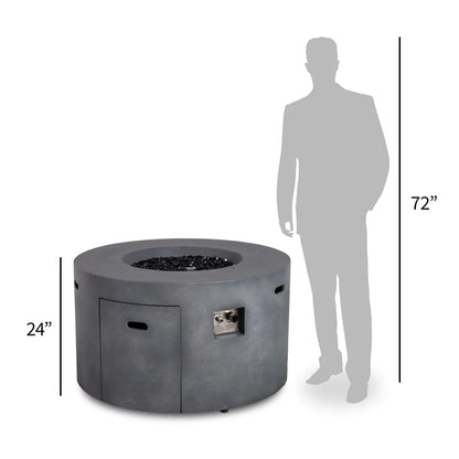 Size comparison of the Flame Havens Refuge Series 43-inch Round Propane Gas GFRC Concrete Fire Pit in Gray beside a 72-inch human silhouette. The image illustrates the fire pit's generous 43-inch diameter, 24-inch height, hidden propane access door, recessed control panel, and comfortable proportions for modern outdoor gathering spaces.