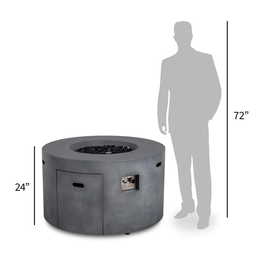 Size comparison of the Flame Havens Refuge Series 43-inch Round Propane Gas GFRC Concrete Fire Pit in Gray beside a 72-inch human silhouette. The image illustrates the fire pit's generous 43-inch diameter, 24-inch height, hidden propane access door, recessed control panel, and comfortable proportions for modern outdoor gathering spaces.