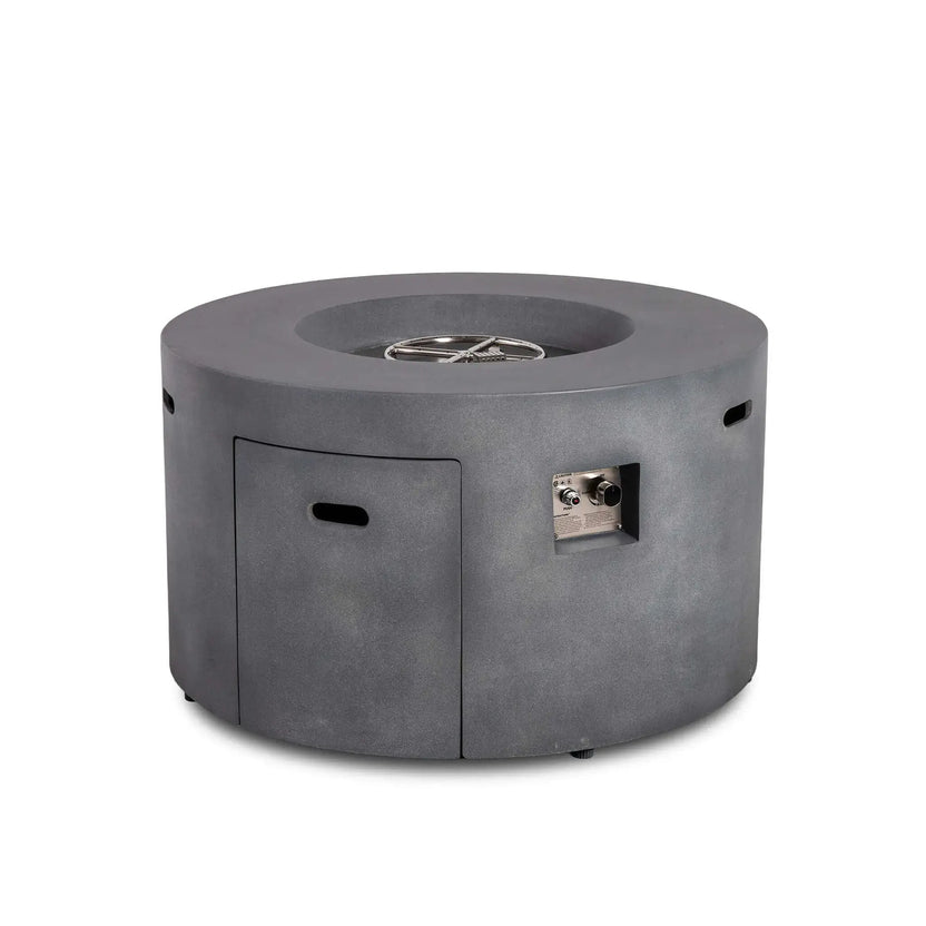 Front perspective of the Flame Havens Refuge Series 43-inch Round Propane Gas GFRC Concrete Fire Pit in Gray with the stainless steel burner and CSA-certified ignition system exposed. The image highlights the hidden propane access door, recessed control panel, premium GFRC concrete construction, and precision-engineered burner assembly before fire media installation.