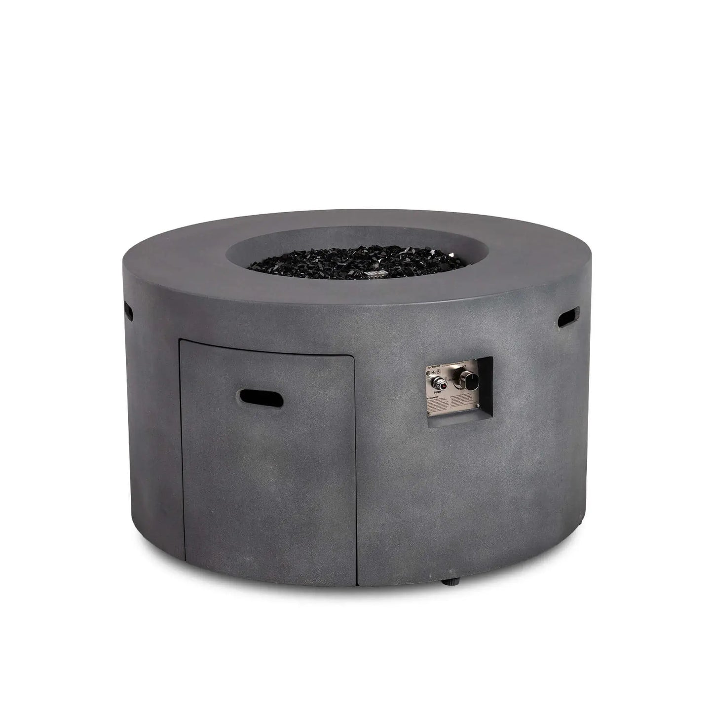 Front view of the Flame Havens Refuge Series 43-inch Round Propane Gas GFRC Concrete Fire Pit in Gray filled with premium black reflective fire glass. The fire pit is shown with the burner turned off, highlighting the hidden propane access door, recessed CSA-certified control panel, and elegant GFRC concrete finish.
