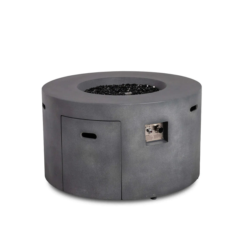 Front view of the Flame Havens Refuge Series 43-inch Round Propane Gas GFRC Concrete Fire Pit in Gray filled with premium black reflective fire glass. The fire pit is shown with the burner turned off, highlighting the hidden propane access door, recessed CSA-certified control panel, and elegant GFRC concrete finish.