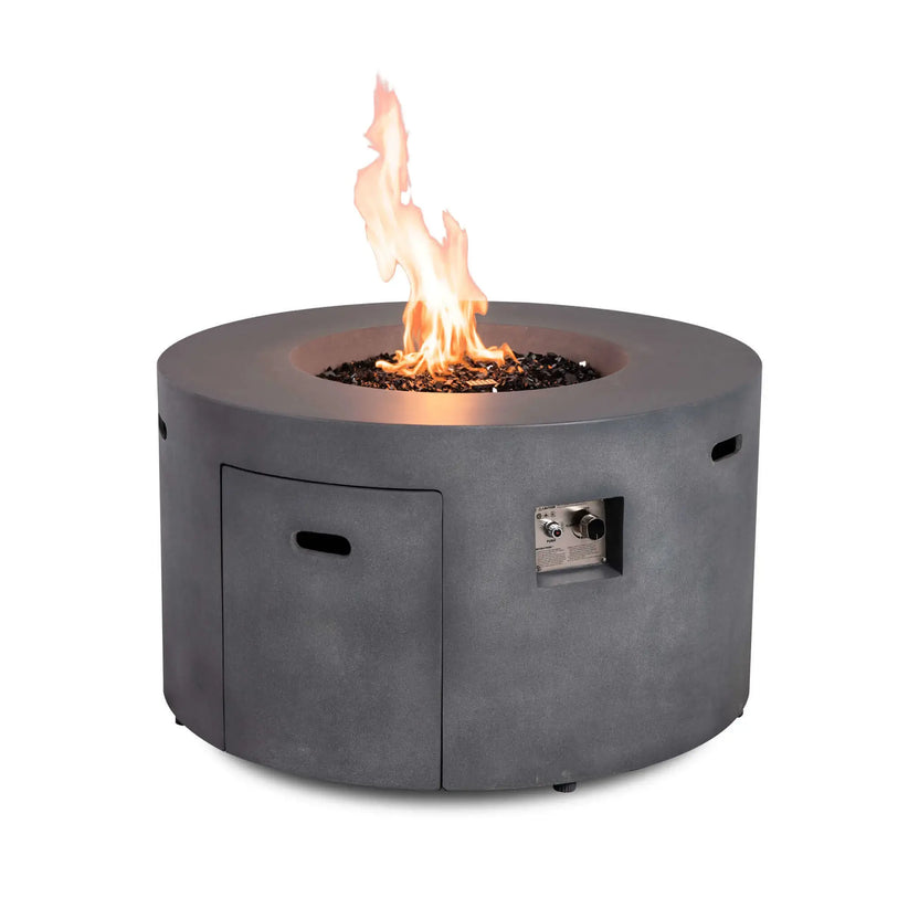 The Flame Havens Refuge Series 43-inch Round Propane Gas GFRC Concrete Fire Pit in Gray operating with a vibrant flame over premium tempered black reflective fire glass. The image showcases the hidden propane access door, recessed CSA-certified control panel, and modern GFRC concrete construction, highlighting the fire pit's clean contemporary design and premium craftsmanship.