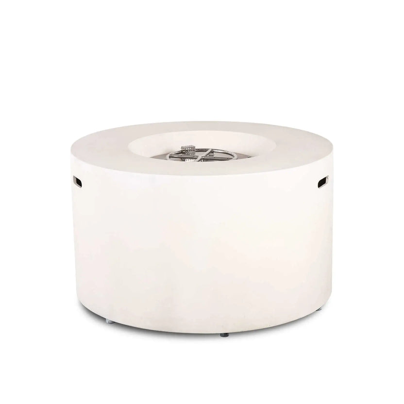Rear product view of the Flame Havens Refuge Series 43-inch Round Propane Gas GFRC Concrete Fire Pit in White displaying the smooth uninterrupted GFRC concrete body with integrated ventilation openings and exposed stainless steel burner assembly. This angle highlights the clean, modern design intended for luxury outdoor living spaces.