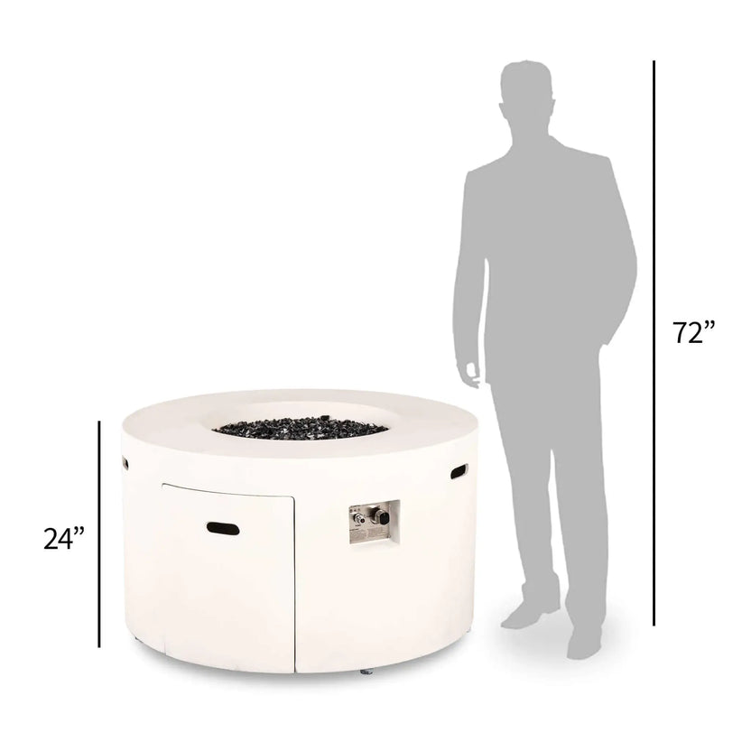 Perspective size comparison of the Flame Havens Refuge Series 43-inch Round Propane Gas GFRC Concrete Fire Pit in White beside a 72-inch human silhouette. The graphic illustrates the fire pit's 24-inch height, generous tabletop surface, hidden propane compartment, recessed control panel, and proportional scale for outdoor patios and entertaining areas.