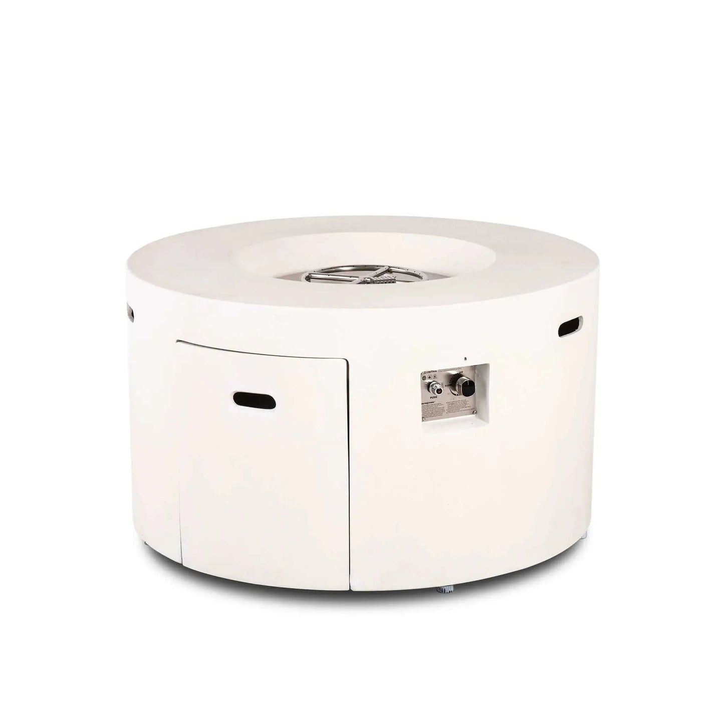 Front angled product image of the Flame Havens Refuge Series 43-inch Round Propane Gas GFRC Concrete Fire Pit in White with the tempered black fire glass removed, showcasing the precision stainless steel burner assembly, CSA-certified ignition system, hidden propane access door, recessed control panel, and premium GFRC concrete construction on a clean white background.