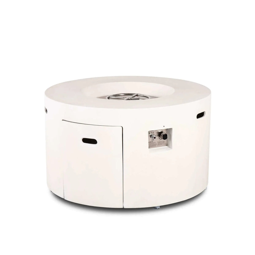 Front angled product image of the Flame Havens Refuge Series 43-inch Round Propane Gas GFRC Concrete Fire Pit in White with the tempered black fire glass removed, showcasing the precision stainless steel burner assembly, CSA-certified ignition system, hidden propane access door, recessed control panel, and premium GFRC concrete construction on a clean white background.
