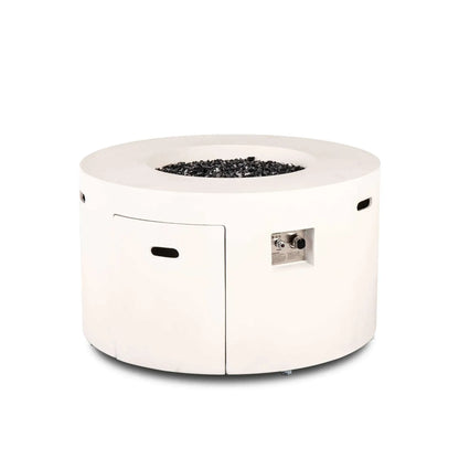 Front angled product image of the Flame Havens Refuge Series 43-inch Round Propane Gas GFRC Concrete Fire Pit in White filled with premium tempered black reflective fire glass before ignition. The image showcases the hidden propane access door, recessed CSA ignition controls, modern GFRC concrete finish, and elegant round profile on a white background.