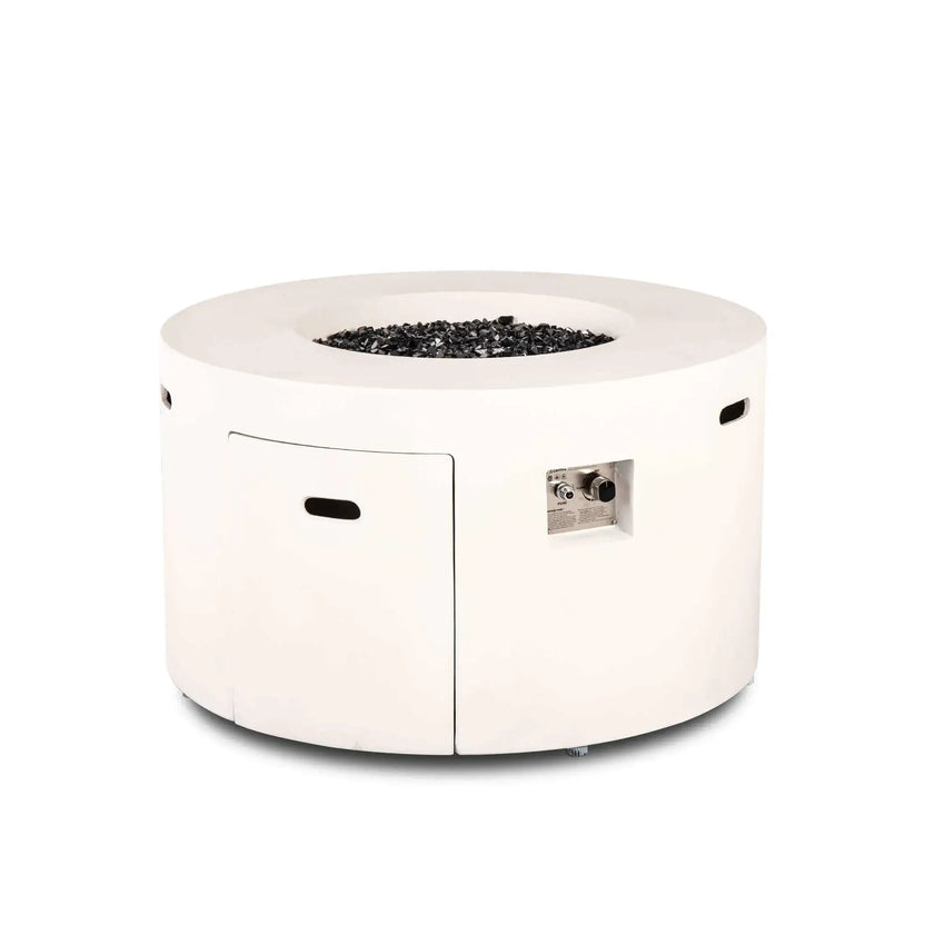 Front angled product image of the Flame Havens Refuge Series 43-inch Round Propane Gas GFRC Concrete Fire Pit in White filled with premium tempered black reflective fire glass before ignition. The image showcases the hidden propane access door, recessed CSA ignition controls, modern GFRC concrete finish, and elegant round profile on a white background.