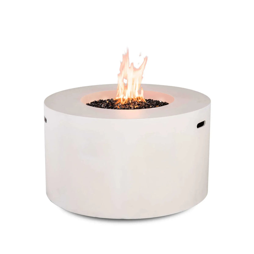 Rear view of the Flame Havens Refuge Series 43-inch Round Propane Gas GFRC Concrete Fire Pit in White operating with a vibrant natural gas-style flame rising above premium tempered black reflective fire glass. The image emphasizes the seamless GFRC concrete exterior and clean, uninterrupted design without visible control components.
