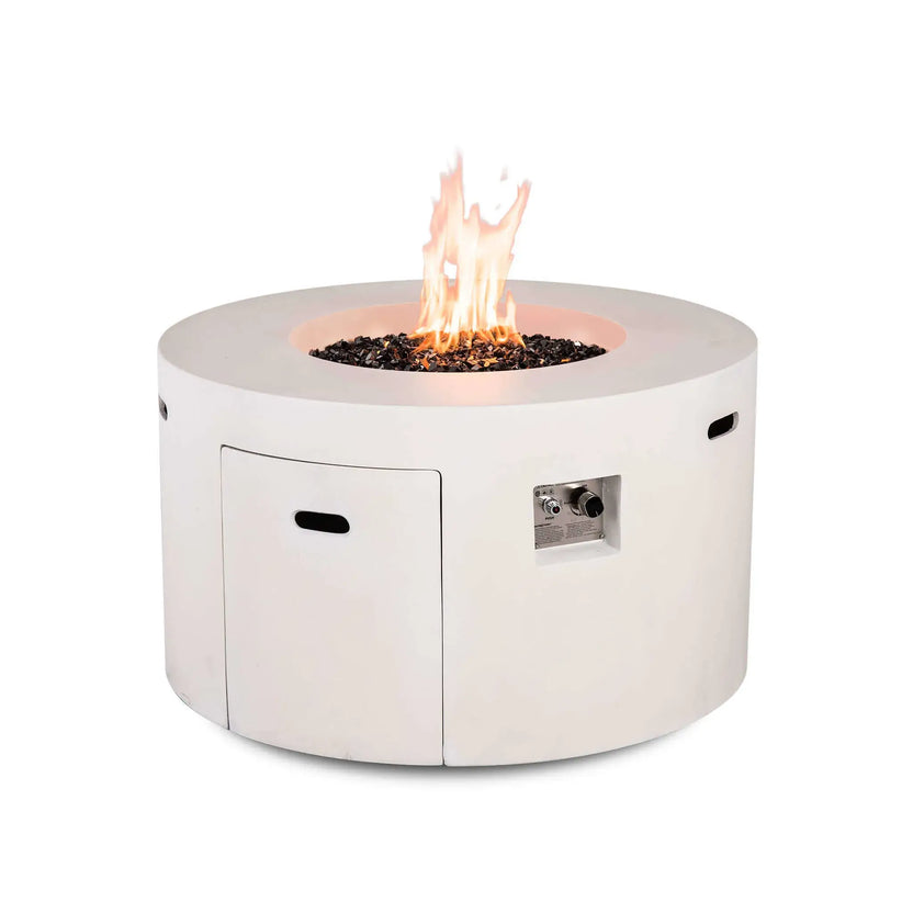 Front angled view of the Flame Havens Refuge Series 43-inch Round Propane Gas GFRC Concrete Fire Pit in White operating with premium tempered black reflective fire glass. The hidden propane access door and recessed CSA ignition control panel remain visible, highlighting the combination of clean design, convenient operation, and premium GFRC construction.