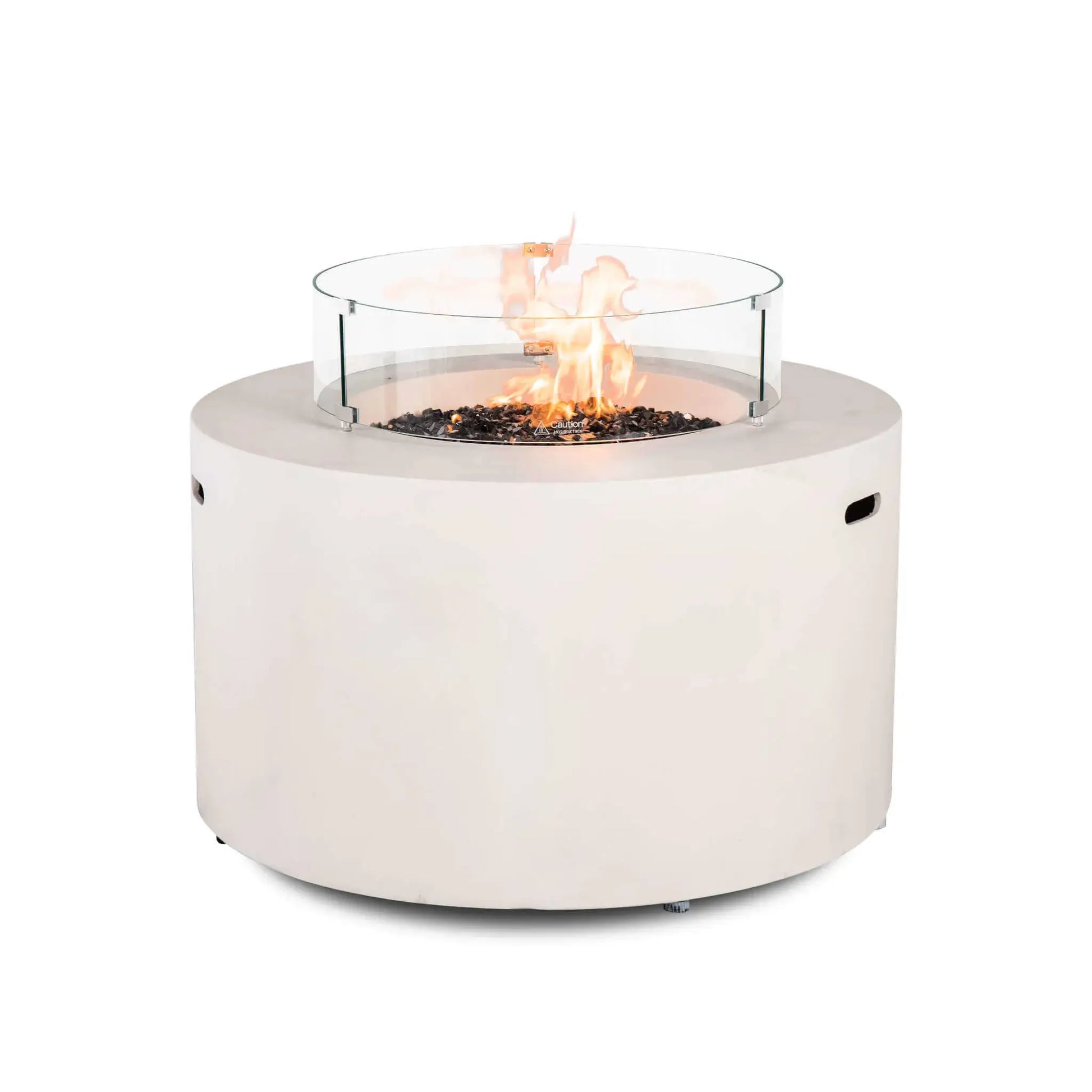 Front product image of the Flame Havens Refuge Series 43-inch Round Propane Gas GFRC Concrete Fire Pit in White operating with premium tempered black reflective fire glass and the optional tempered glass wind guard installed. The clean white GFRC concrete body, vibrant flame, and crystal-clear circular wind guard showcase a premium outdoor fire pit designed for luxury patios and backyard entertaining.