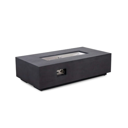 Angled product view of a Flame Havens Refuge Series 56 x 30 x 15 inch rectangle black GFRC natural gas fire pit, showing the recessed stainless steel burner tray, CSA ignition components, front control panel, and clean modern concrete body on a white background.