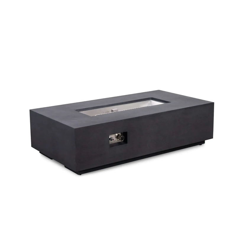 Angled product view of a Flame Havens Refuge Series 56 x 30 x 15 inch rectangle black GFRC natural gas fire pit, showing the recessed stainless steel burner tray, CSA ignition components, front control panel, and clean modern concrete body on a white background.