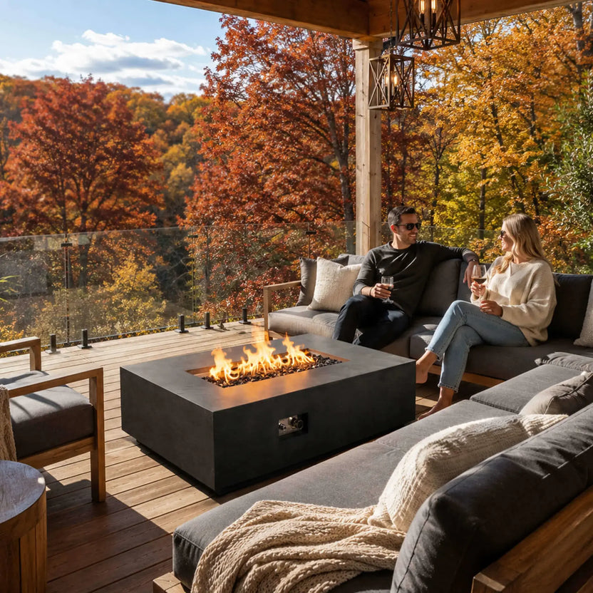 Flame Havens Refuge Series 56 x 30 x 15 inch rectangle black GFRC natural gas fire pit burning with tempered black fire glass on a covered outdoor deck, with visible controls, lounge seating, and a warm autumn lifestyle setting.