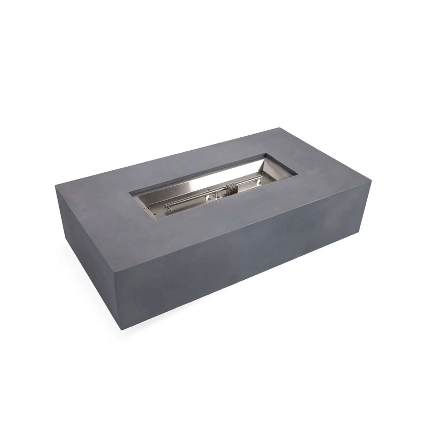 Detailed close-up of the Flame Havens Refuge Series 56 x 30 x 15 inch rectangle natural gas gray fire pit, highlighting the exposed stainless steel linear burner, CSA ignition assembly, and precision burner pan before fire glass is installed for a professional installation reference.
