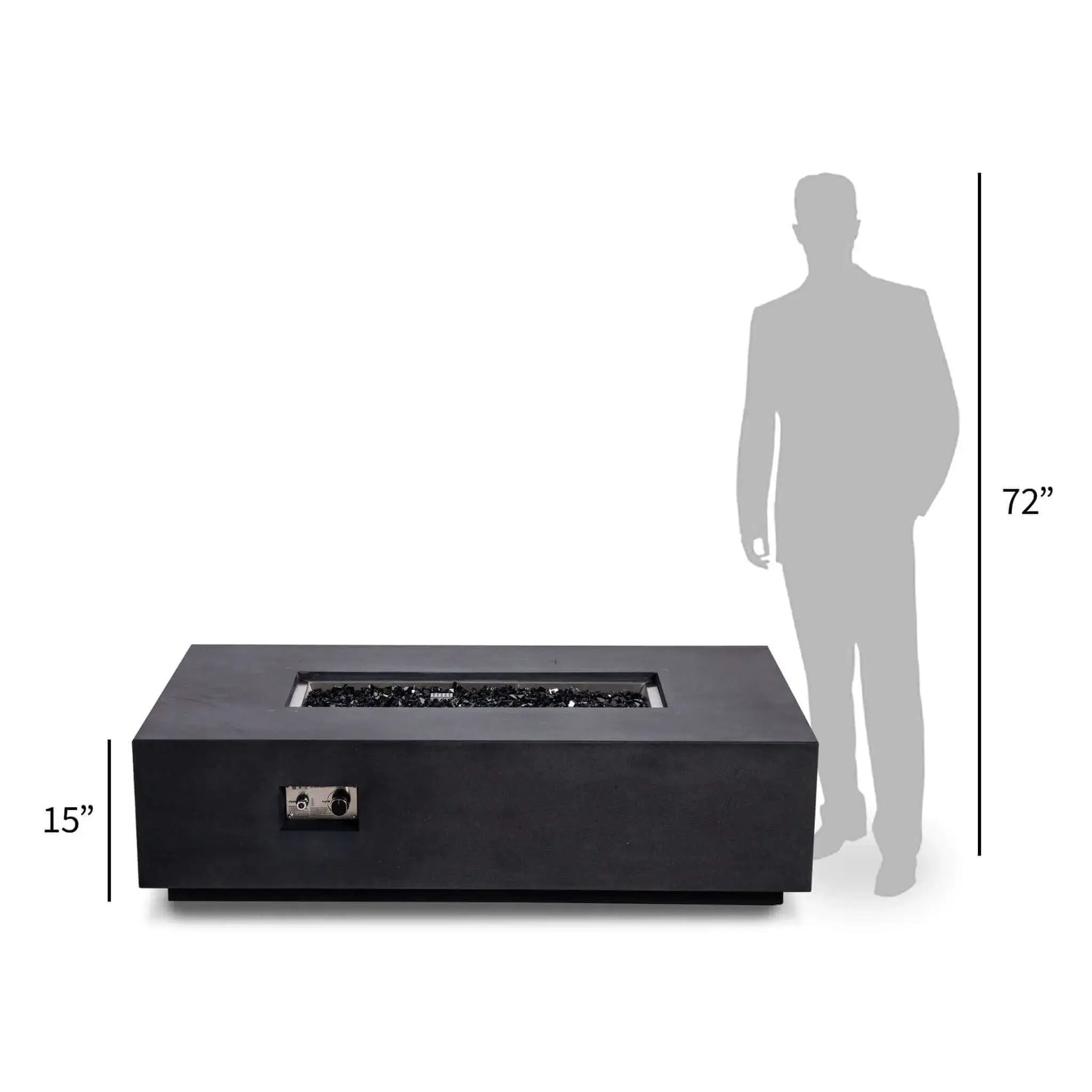 Front perspective of the Flame Havens Refuge Series 56 x 30 x 15 inch rectangle natural gas black GFRC concrete fire pit with reflective black fire glass, shown beside a 72-inch human silhouette for size comparison, emphasizing its low-profile modern design.
