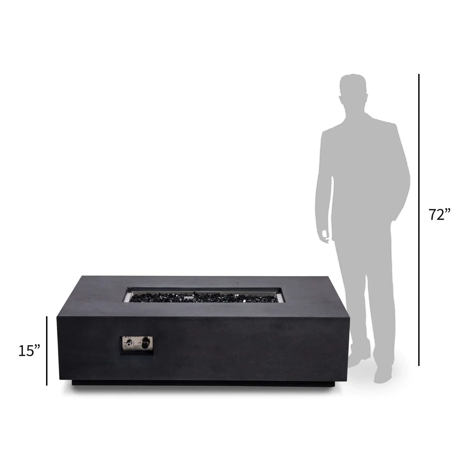Front perspective of the Flame Havens Refuge Series 56 x 30 x 15 inch rectangle natural gas black GFRC concrete fire pit with reflective black fire glass, shown beside a 72-inch human silhouette for size comparison, emphasizing its low-profile modern design.