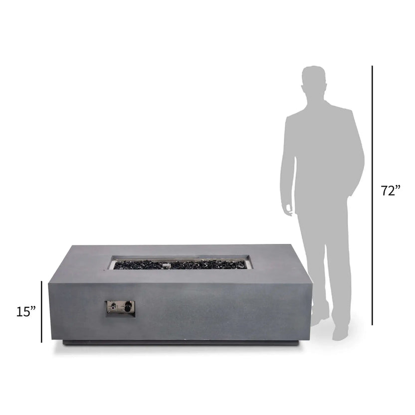 Perspective size comparison of the Flame Havens Refuge Series 56 x 30 x 15 inch rectangle natural gas gray GFRC concrete fire pit beside a 72-inch human silhouette. The image illustrates the fire pit's low-profile design while highlighting its 15-inch height and substantial presence for modern outdoor living spaces.
