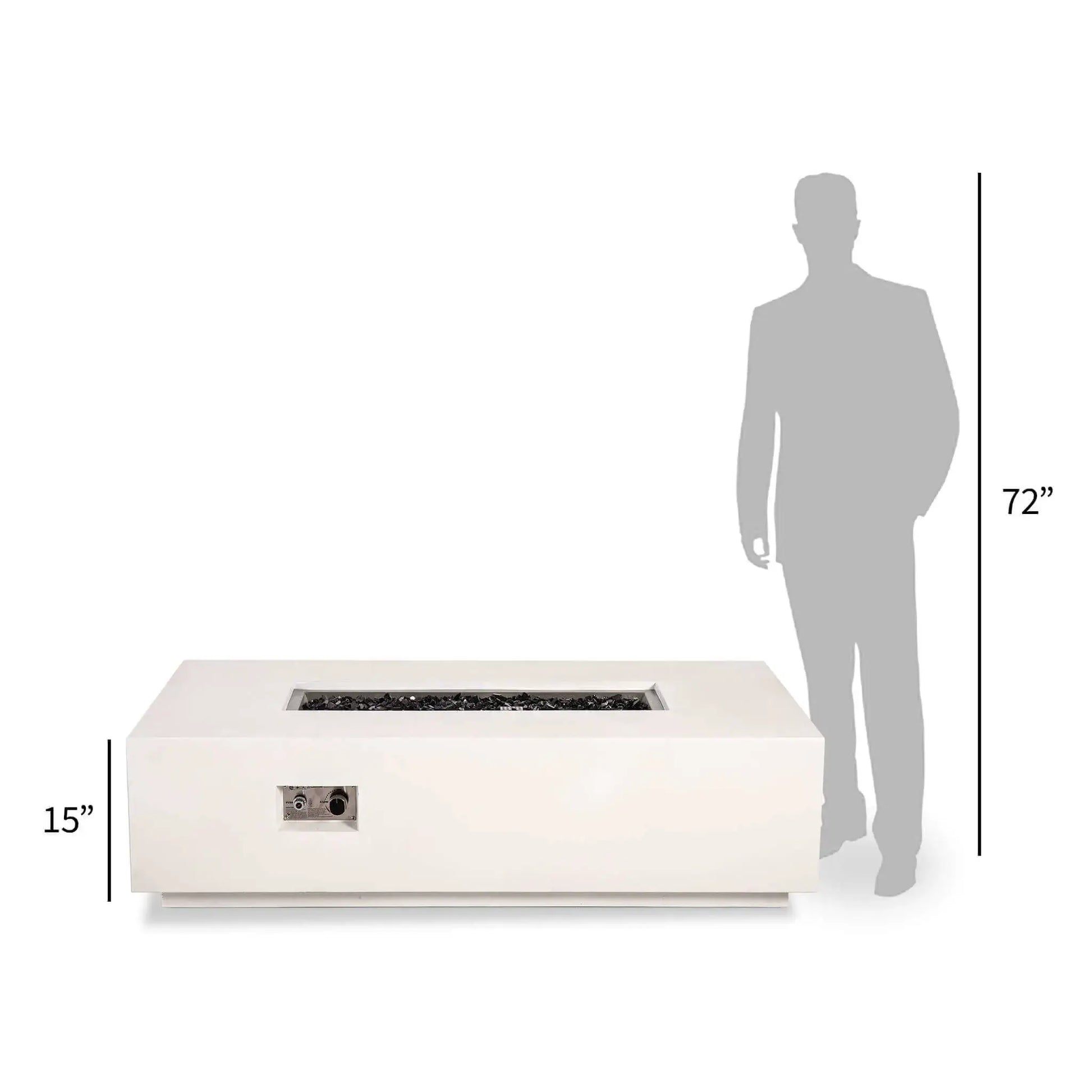 Perspective size comparison of the Flame Havens Refuge Series 56 x 30 x 15 inch rectangle natural gas white GFRC concrete fire pit displayed beside a 72-inch human silhouette. The image clearly illustrates the low-profile 15-inch height, generous tabletop surface, and modern proportions for luxury outdoor living spaces.
