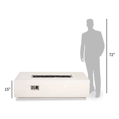 Perspective size comparison of the Flame Havens Refuge Series 56 x 30 x 15 inch rectangle natural gas white GFRC concrete fire pit displayed beside a 72-inch human silhouette. The image clearly illustrates the low-profile 15-inch height, generous tabletop surface, and modern proportions for luxury outdoor living spaces.