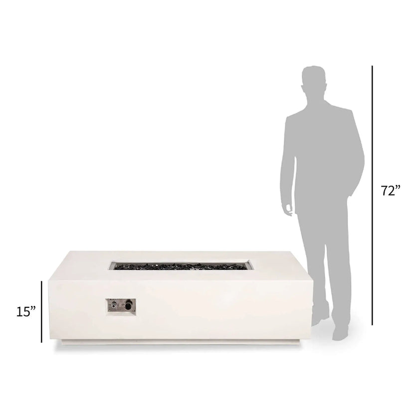 Perspective size comparison of the Flame Havens Refuge Series 56 x 30 x 15 inch rectangle natural gas white GFRC concrete fire pit displayed beside a 72-inch human silhouette. The image clearly illustrates the low-profile 15-inch height, generous tabletop surface, and modern proportions for luxury outdoor living spaces.