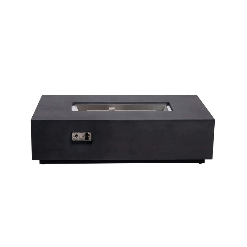 Straight front view of the Flame Havens Refuge Series 56 x 30 x 15 inch rectangle natural gas black GFRC concrete fire pit with the stainless steel burner tray exposed, showing the CSA ignition system and recessed front control panel on a white background.