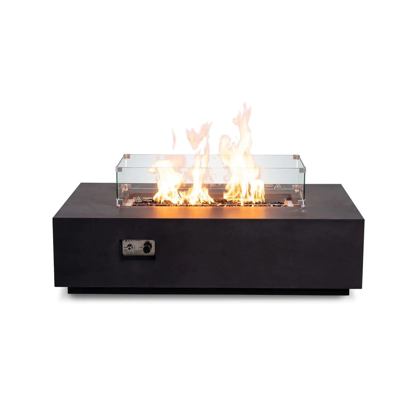 Straight front view of the Flame Havens Refuge Series 56 x 30 x 15 inch rectangle natural gas black GFRC fire pit with reflective tempered black fire glass, active flames, and a premium tempered glass wind guard installed. The concealed controls create a clean, modern architectural appearance.