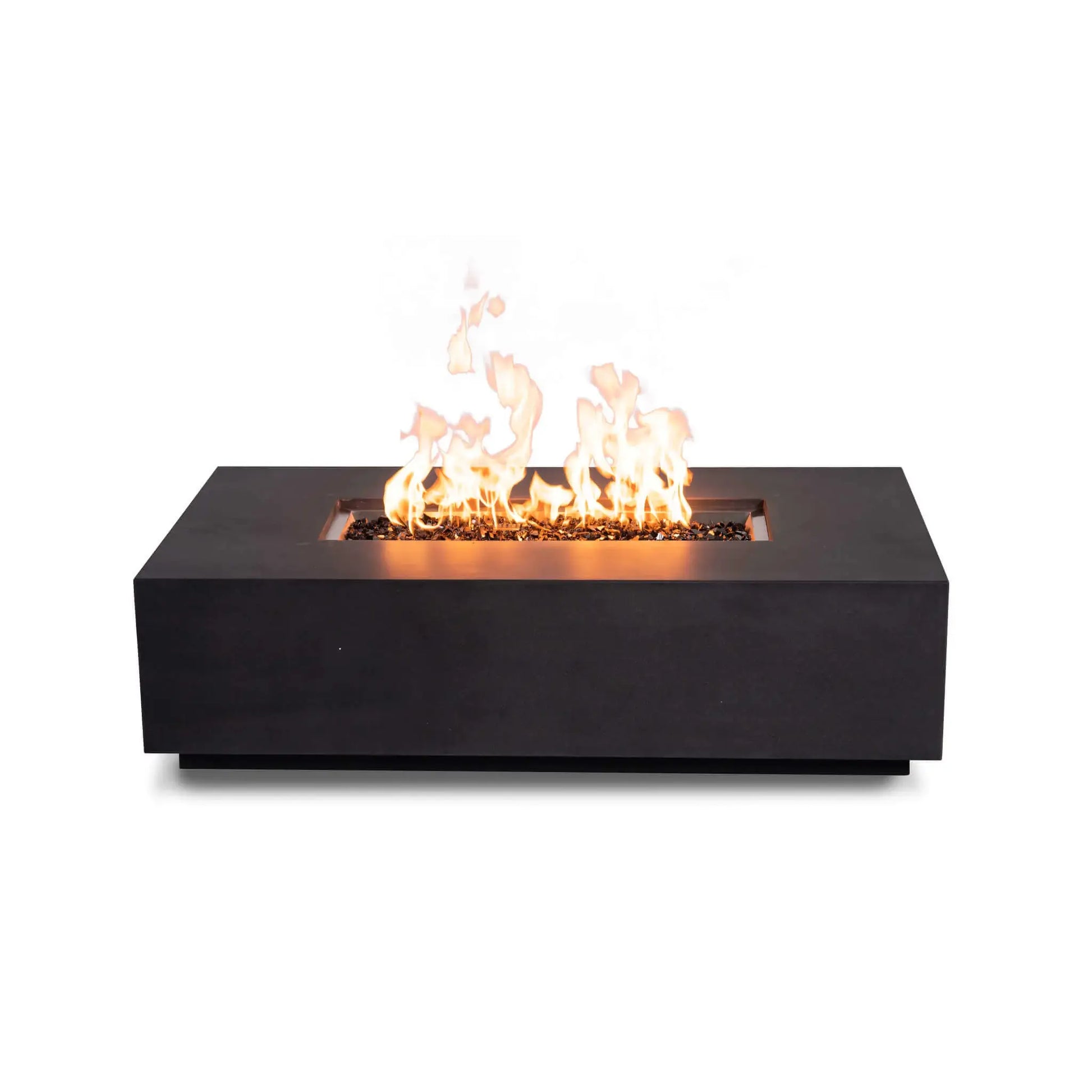 Straight-on product view of the Flame Havens Refuge Series 56 x 30 x 15 inch rectangle natural gas GFRC concrete fire pit in black, burning with bright flames over reflective tempered black fire glass. The clean front profile features no visible controls, emphasizing the minimalist, contemporary design.