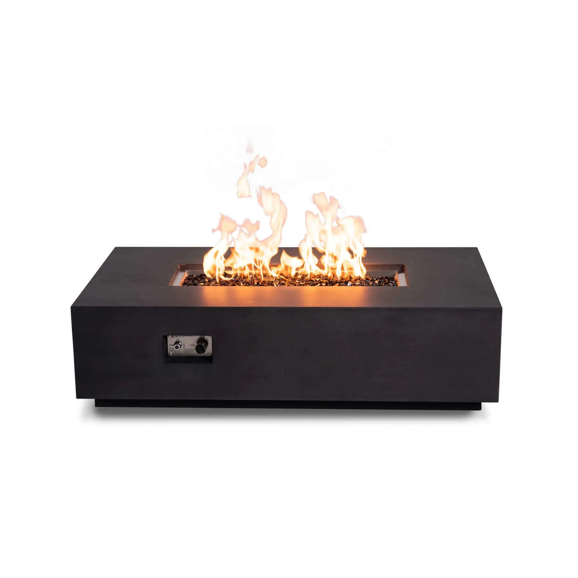 traight-on view of the Flame Havens Refuge Series 56 x 30 x 15 inch rectangle natural gas GFRC concrete fire pit in black, featuring reflective tempered black fire glass, vibrant flames, and the recessed front control panel for convenient ignition and flame adjustment.