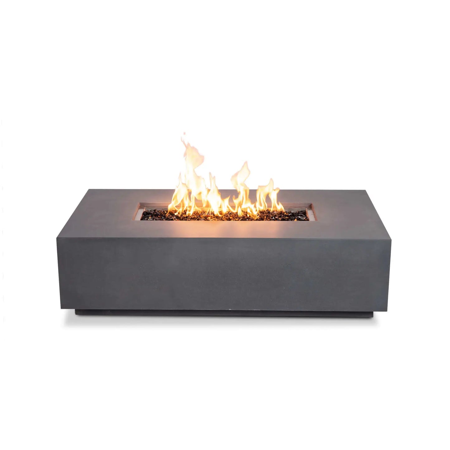 Straight-on front view of the Flame Havens Refuge Series 56 x 30 x 15 inch rectangle natural gas gray GFRC concrete fire pit burning with tall flames over reflective tempered black fire glass. This clean product image showcases the minimalist front profile without visible controls, highlighting the linear stainless steel burner and modern architectural design.