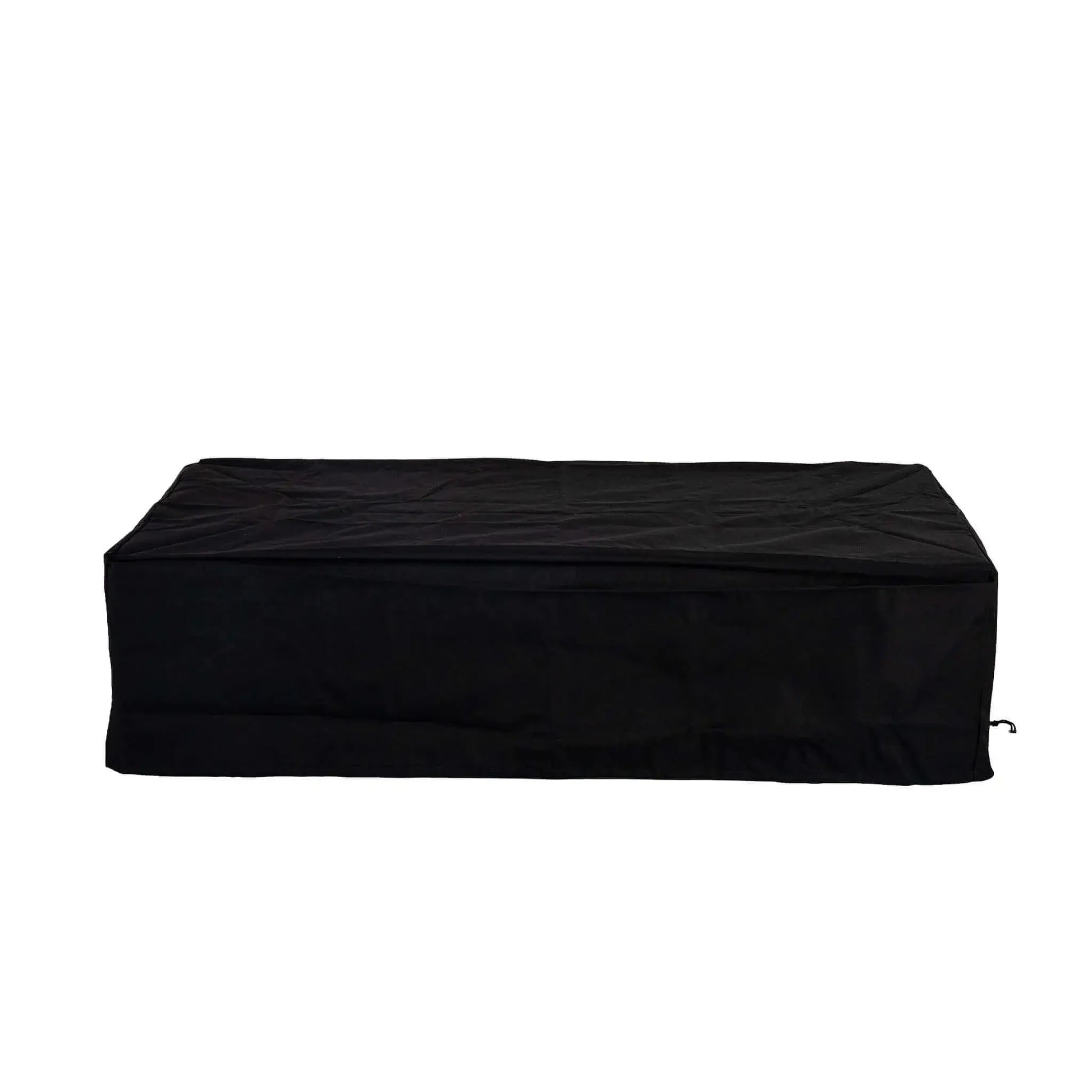 Straight-on product image of the Flame Havens Refuge Series 56 x 30 x 15 inch rectangle natural gas white GFRC concrete fire pit protected by its fitted black canvas fabric cover. The weather-resistant cover fully encloses the fire pit to shield it from dust, debris, and the elements during storage or between uses.