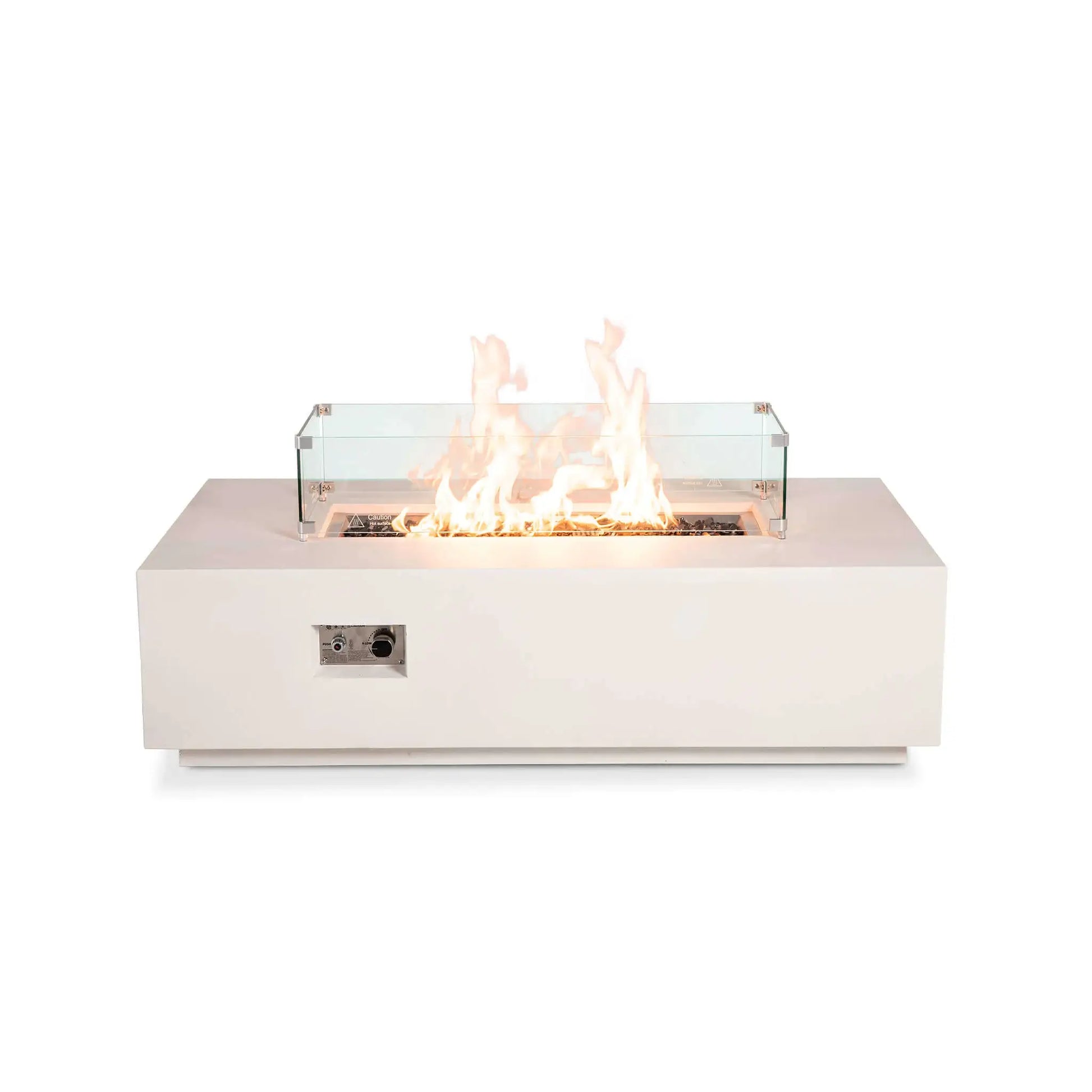 Front view of the Flame Havens Refuge Series 56 x 30 x 15 inch rectangle natural gas white GFRC concrete fire pit featuring the tempered glass wind guard and reflective tempered black fire glass. Tall flames burn evenly inside the clear wind guard, highlighting the modern rectangular design while maintaining unobstructed views from every angle.