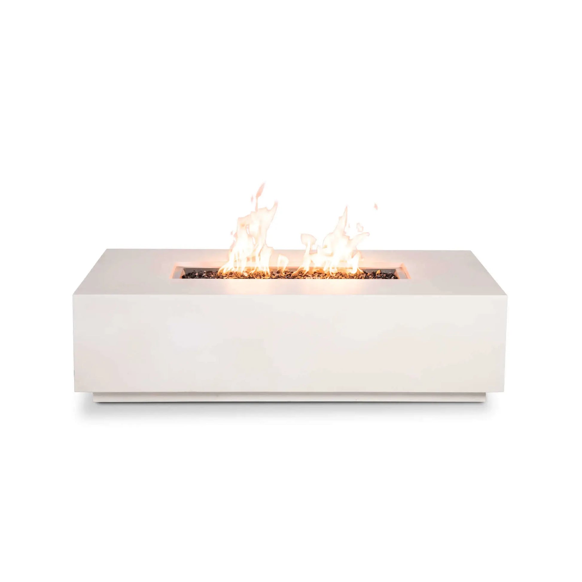Straight-on product image of the Flame Havens Refuge Series 56 x 30 x 15 inch rectangle natural gas white GFRC concrete fire pit with vibrant flames rising above reflective tempered black fire glass. The clean front profile without visible controls emphasizes the minimalist contemporary design, low-profile construction, and premium linear stainless steel burner.