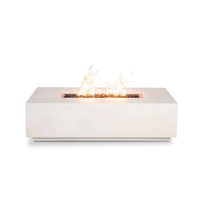 Straight-on product image of the Flame Havens Refuge Series 56 x 30 x 15 inch rectangle natural gas white GFRC concrete fire pit with vibrant flames rising above reflective tempered black fire glass. The clean front profile without visible controls emphasizes the minimalist contemporary design, low-profile construction, and premium linear stainless steel burner.