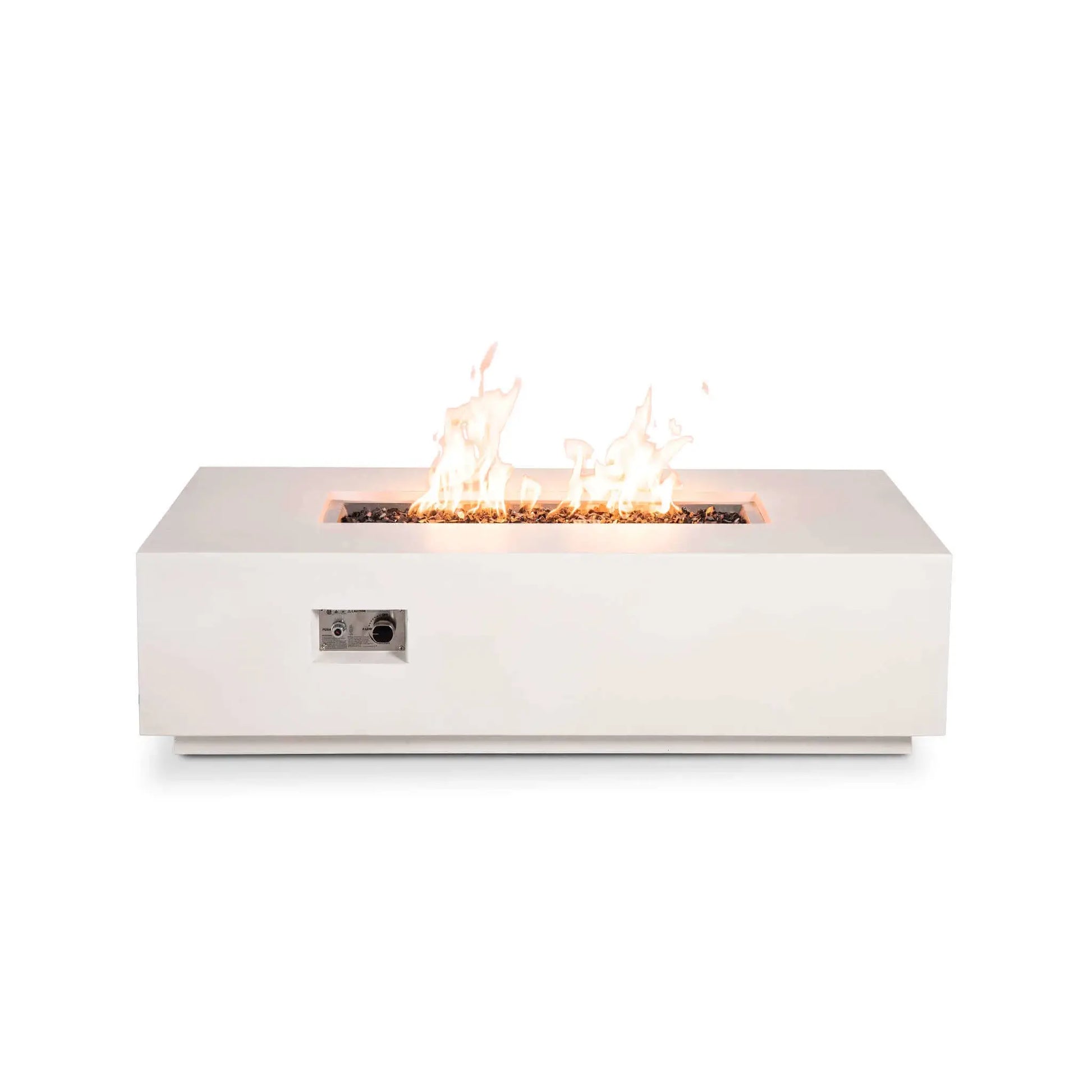 Straight-on view of the Flame Havens Refuge Series 56 x 30 x 15 inch rectangle natural gas white GFRC concrete fire pit with the recessed CSA ignition control panel visible on the front. Bright flames rise above reflective tempered black fire glass, combining convenient flame adjustment with a clean, modern GFRC concrete design.