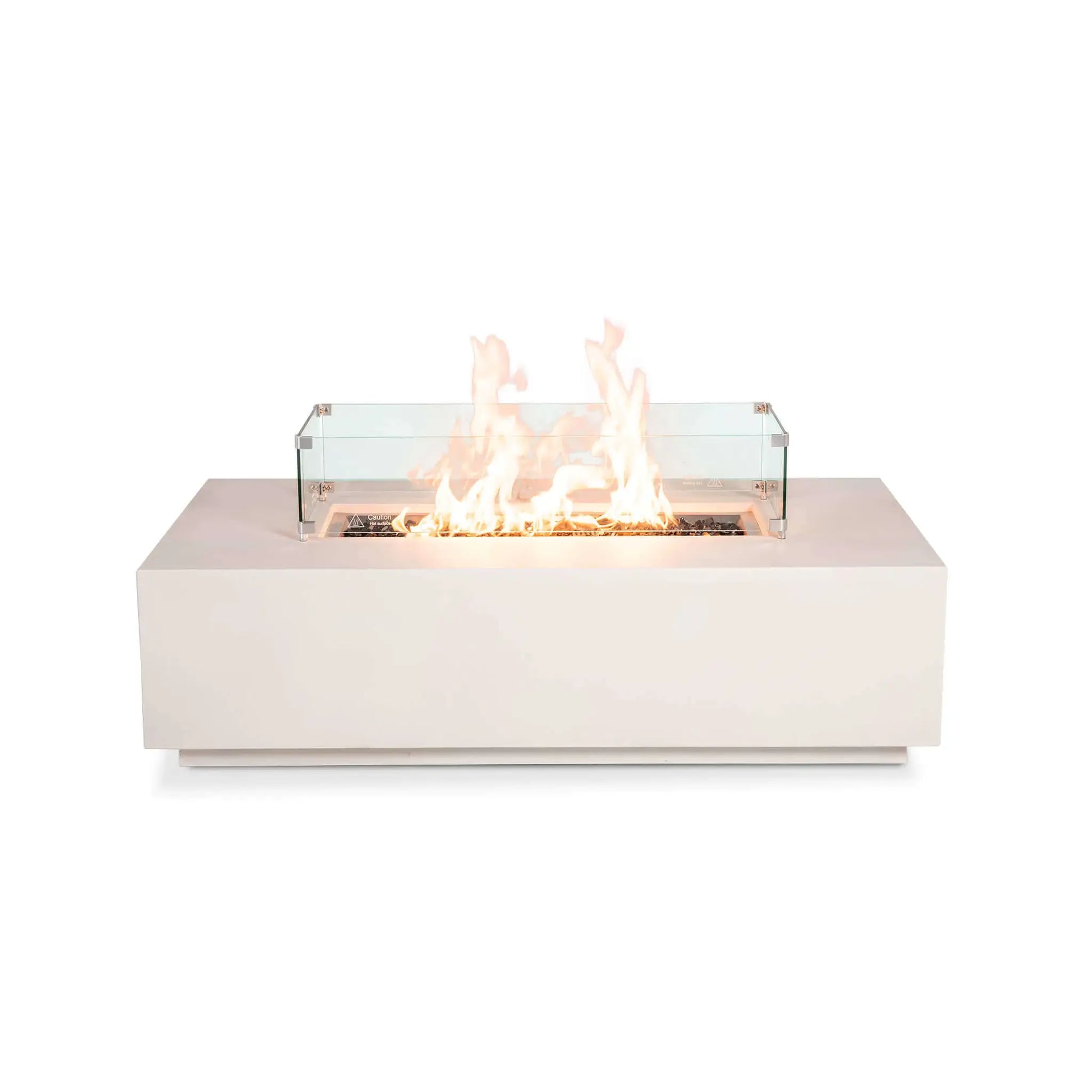 Front product image of the Flame Havens Refuge Series 56 x 30 x 15 inch rectangle natural gas white GFRC concrete fire pit equipped with a tempered glass wind guard and reflective tempered black fire glass. The stainless steel burner produces tall, even flames while the clear wind guard enhances safety without obstructing the contemporary linear fire display.