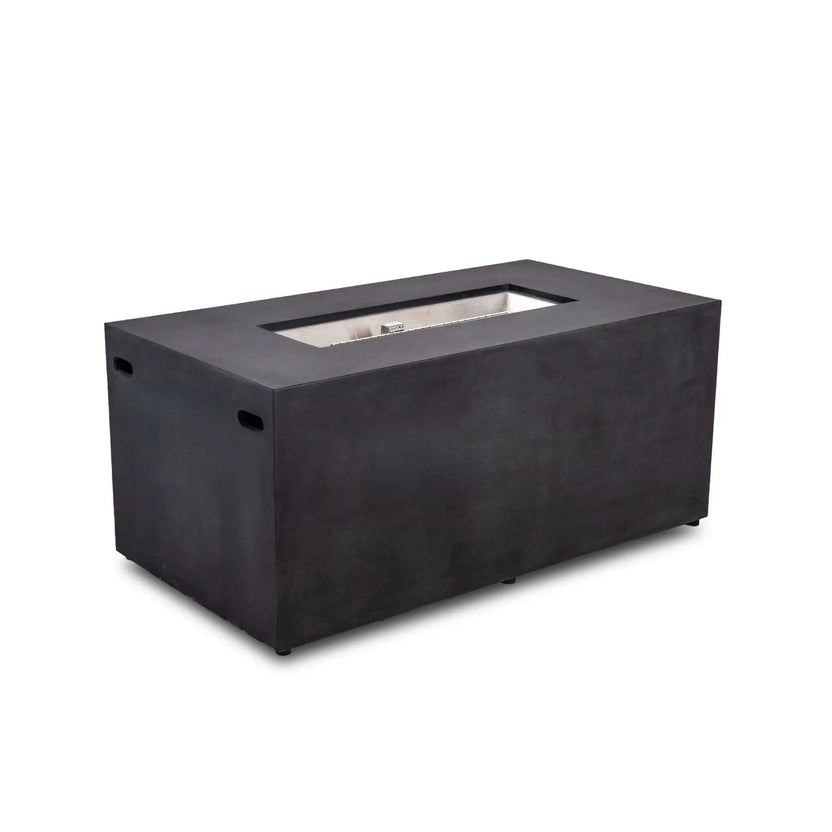 Angled product view of the black Flame Havens Refuge Series 56 x 30 x 24-inch rectangular GFRC concrete propane gas fire pit with a recessed stainless steel burner assembly, concealed controls, side ventilation openings, and a seamless modern exterior.