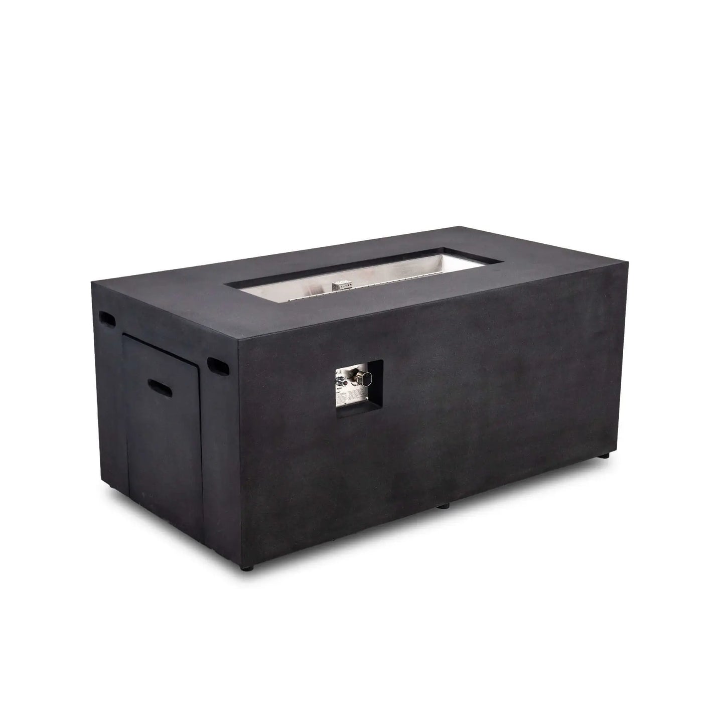 Angled full view of the black Flame Havens Refuge Series 56 x 30 x 24-inch rectangular GFRC concrete propane fire pit, featuring a recessed stainless steel burner pan, CSA ignition controls, hidden tank drawer, ventilation openings, and clean modern profile.