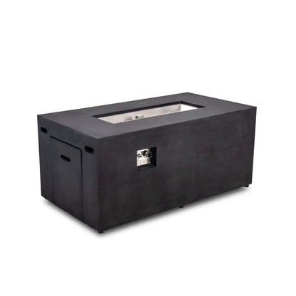 Angled full view of the black Flame Havens Refuge Series 56 x 30 x 24-inch rectangular GFRC concrete propane fire pit, featuring a recessed stainless steel burner pan, CSA ignition controls, hidden tank drawer, ventilation openings, and clean modern profile.