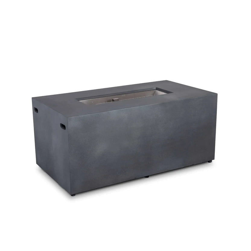 Angled front view of the Flame Havens Refuge Series 56 x 30 x 24-inch rectangular propane gas fire pit in gray GFRC concrete. Shown without visible front controls, the minimalist fire pit features a recessed stainless steel burner pan, broad tabletop ledge and side ventilation openings on a white background.