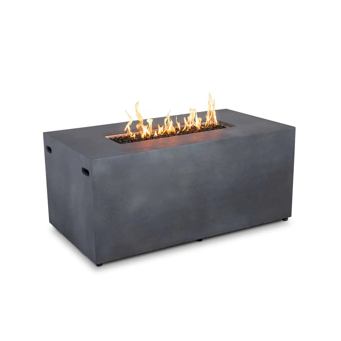 Flame Havens Refuge Series 56 x 30 x 24-inch rectangular propane gas fire pit shown burning against a white background. The gray GFRC concrete body has a clean, control-free front, while a line of yellow-orange flames rises from tempered black fire glass inside the recessed stainless steel burner pan.