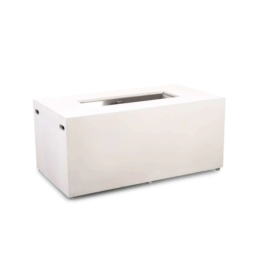 White Flame Havens Refuge Series 56 x 30 x 24-inch rectangular propane gas fire pit shown at an angle on a white background, featuring a minimalist GFRC concrete body, recessed stainless steel burner pan, subtle side vents, and no visible controls on the front face.