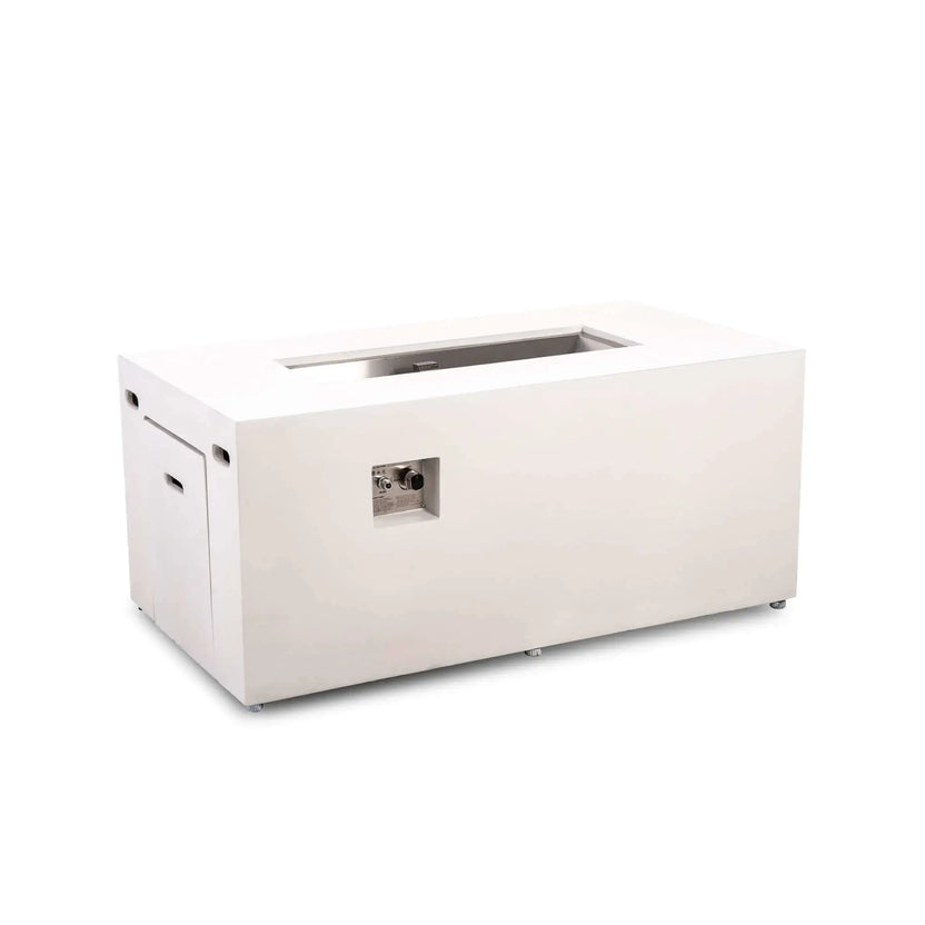 Angled product view of the white Flame Havens Refuge Series 56 x 30 x 24-inch rectangular propane gas fire pit, featuring a smooth GFRC concrete body, recessed stainless steel burner pan, hidden tank drawer, side vents, adjustable feet, and CSA ignition control panel.