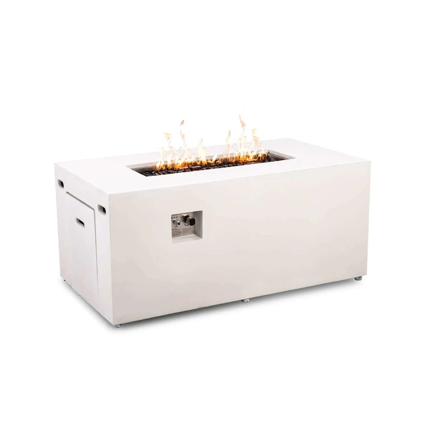 Angled view of the Flame Havens Refuge Series 56 x 30 x 24-inch rectangular propane gas fire pit in white GFRC concrete, shown burning over tempered black fire glass with a recessed ignition button and flame control knob, hidden tank drawer, side vents, and adjustable feet.
