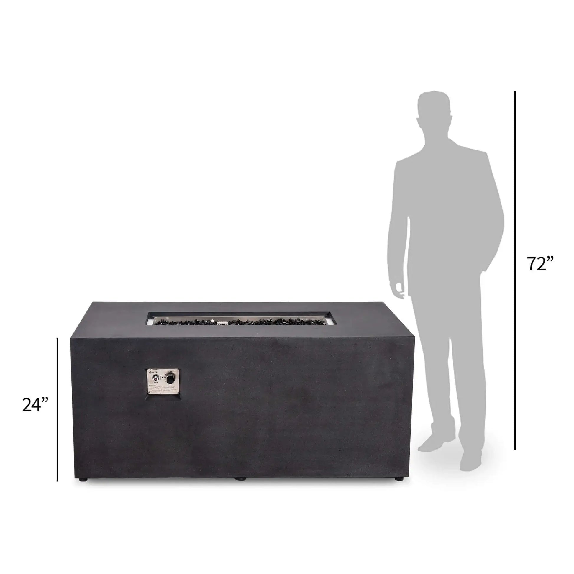 Size comparison showing the black Flame Havens Refuge Series 56 x 30 x 24-inch rectangular GFRC propane fire pit beside a 72-inch human silhouette. The front perspective highlights the fire pit’s 24-inch height, black fire glass, recessed CSA ignition controls, and substantial outdoor table proportions.