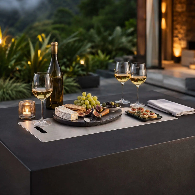 Lifestyle view of the black Flame Havens Refuge Series 56 x 30 x 24-inch rectangular GFRC propane fire pit with its stainless steel burner cover installed. Wine, glasses, cheese, grapes, figs, olives, and appetizers are arranged on the covered fire pit in an elegant outdoor setting.