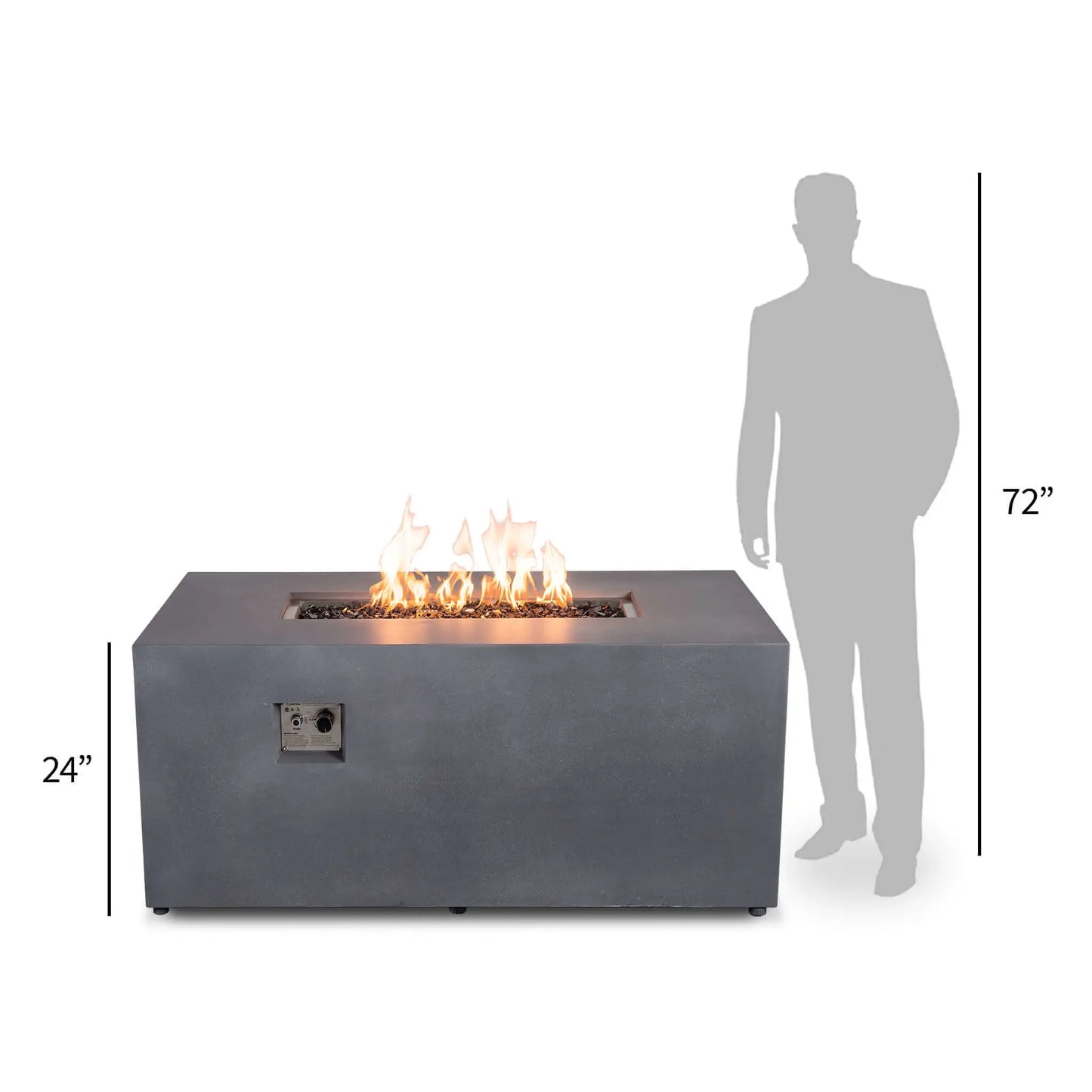 Size comparison showing the Flame Havens Refuge Series 56 x 30 x 24-inch gray rectangular propane fire pit beside a 72-inch human silhouette. The fire pit is labeled 24 inches high and shown burning over black fire glass, with its front CSA ignition controls visible to illustrate its scale and comfortable table height.